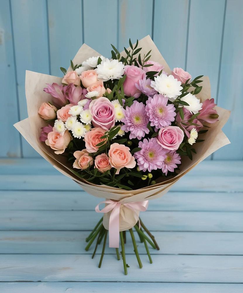 Букет цветов из: Хризантемы, Розы и Альстромерии в Никольском Астраханской области