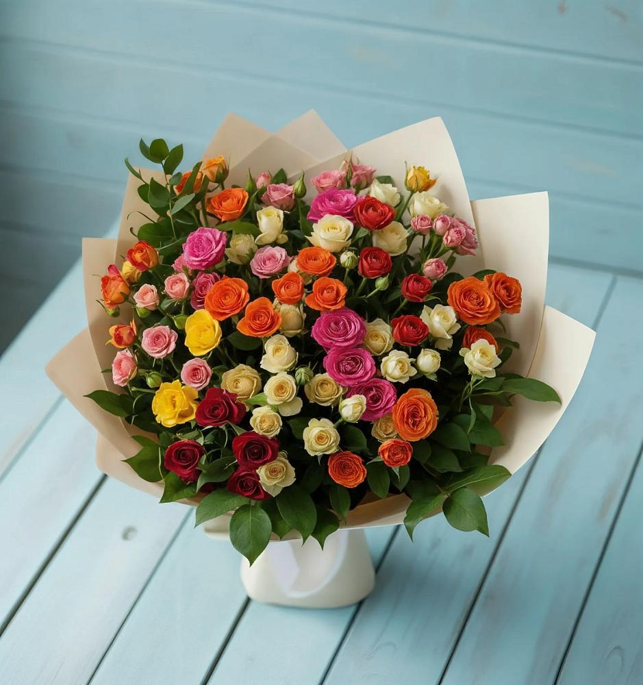 Букет Микс из разноцветных кустовых роз в Никольском Астраханской области