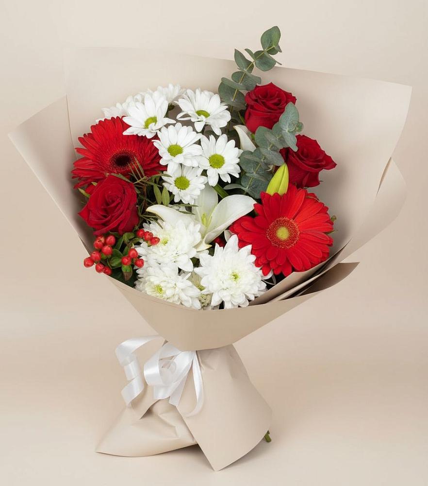 Букет цветов из: Розы, Хризантемы, Герберы и Лилии в Никольском Астраханской области