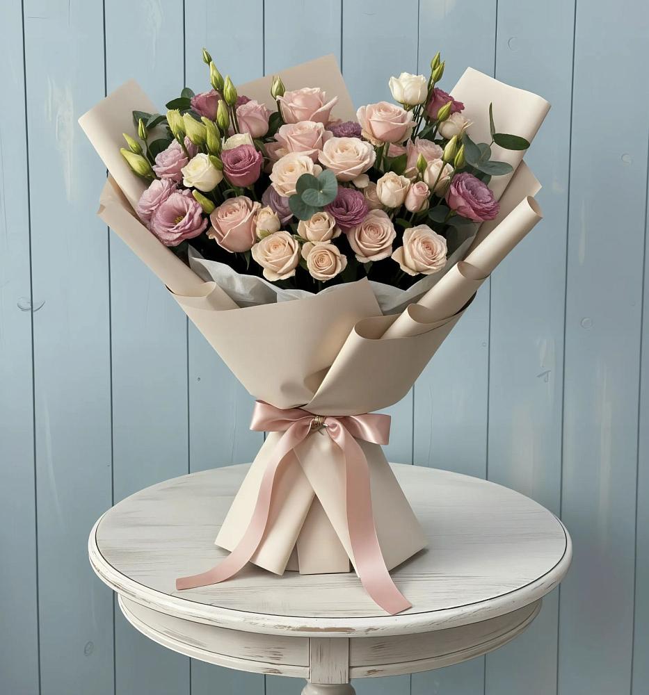 Букет цветов из: Розы и Лизиантусы в Никольском Астраханской области