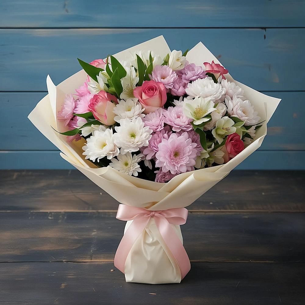 Букет цветов из: Хризантемы, Альстромерии и Розы в Никольском Астраханской области